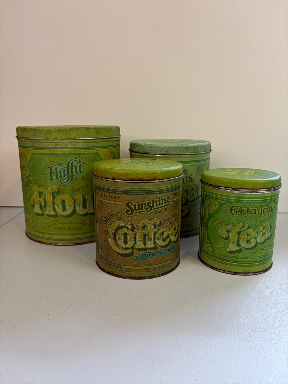 Vintage 4 Canister Set Metal Ballonoff Flour Sugar Coffee Tea Green Kitsch 1970s